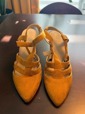 Mustard Suede Pointed Toe Strappy Flats